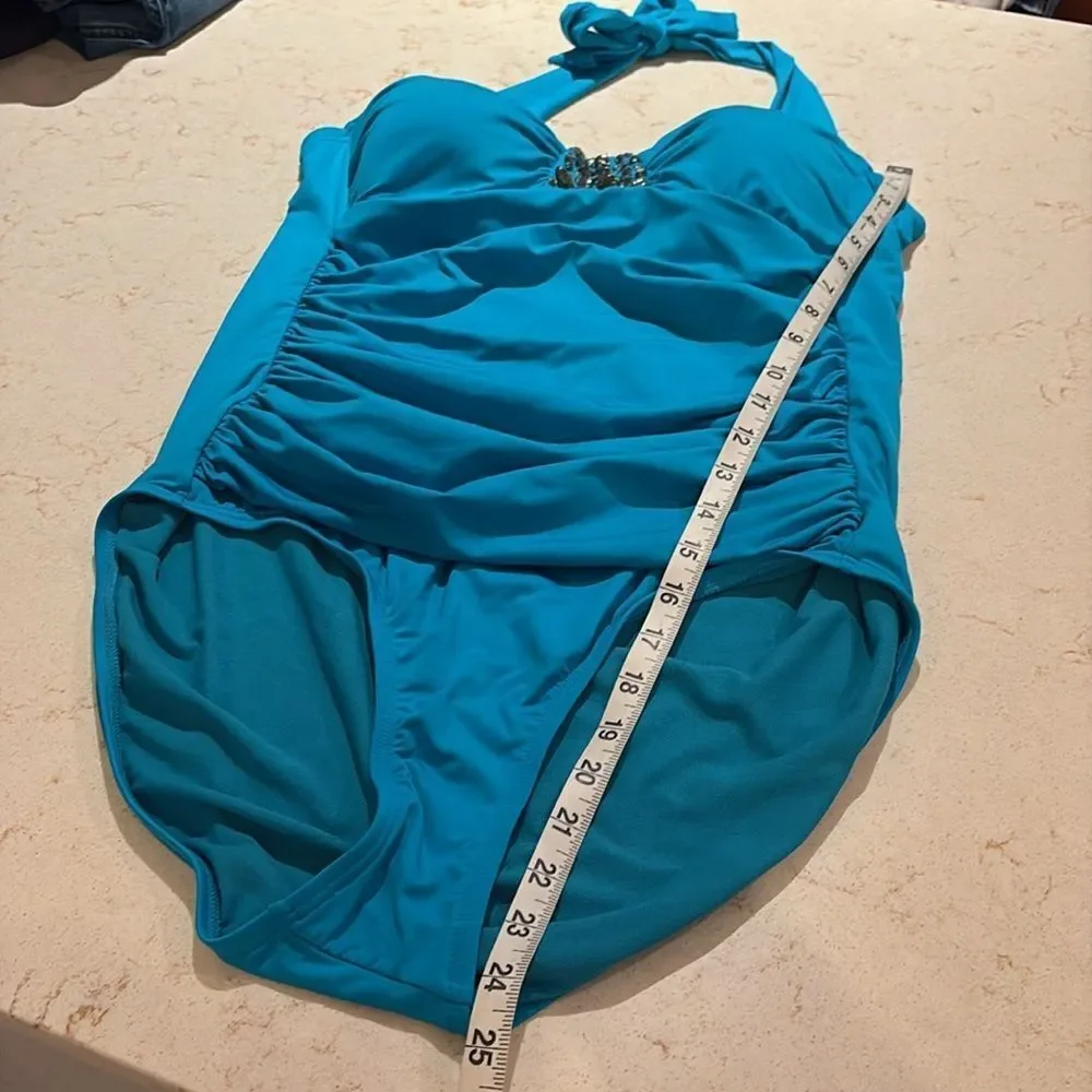 Jantzen Teal Swimsuit bejeweled chest one piece halter top SZ 16 Jeweled sequins